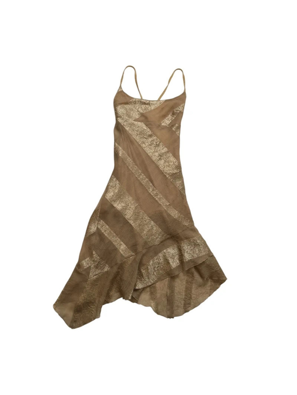 Un Deux Trois Y2K Bronze Gold Metallic Striped Handkerchief Hem Dress